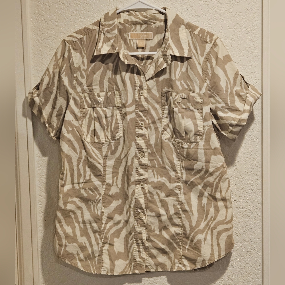 Michael Kors Woman's Tan and White Zebra Print Casual Shirt Size 12